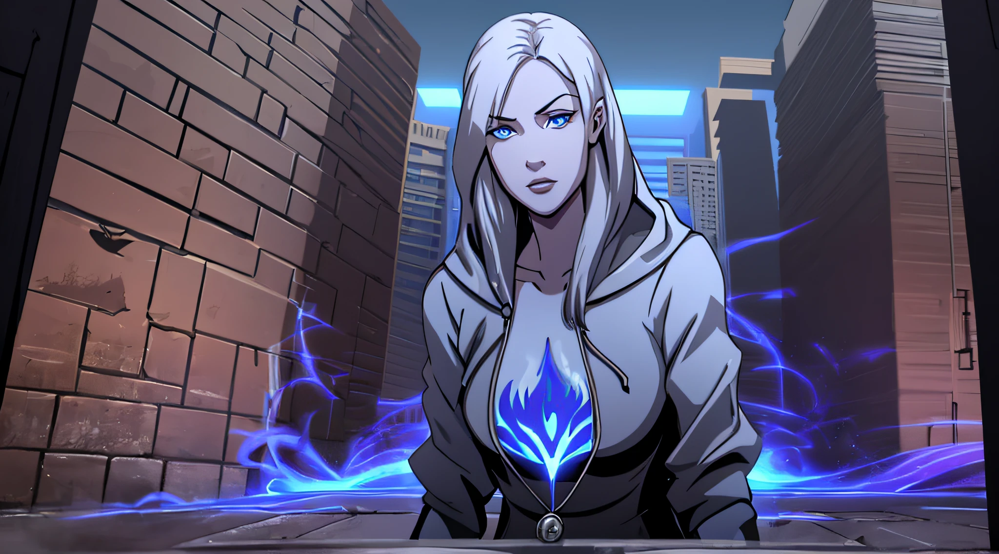 top-quality、Top image quality、​masterpiece、teens girl((a baby face、White hoodie with open chest、Black skirt、18year old、  Ager、Best Bust、big bast,Beautiful light blue eyes, Long silver hair、A slender,Large valleys、Reflecting the whole body、Leaning forward、Alert、Blue flame aura on fist)),hiquality、Beautiful Art、Background with((Ruins、survival、Suspicious person))​masterpiece、depth of fields,