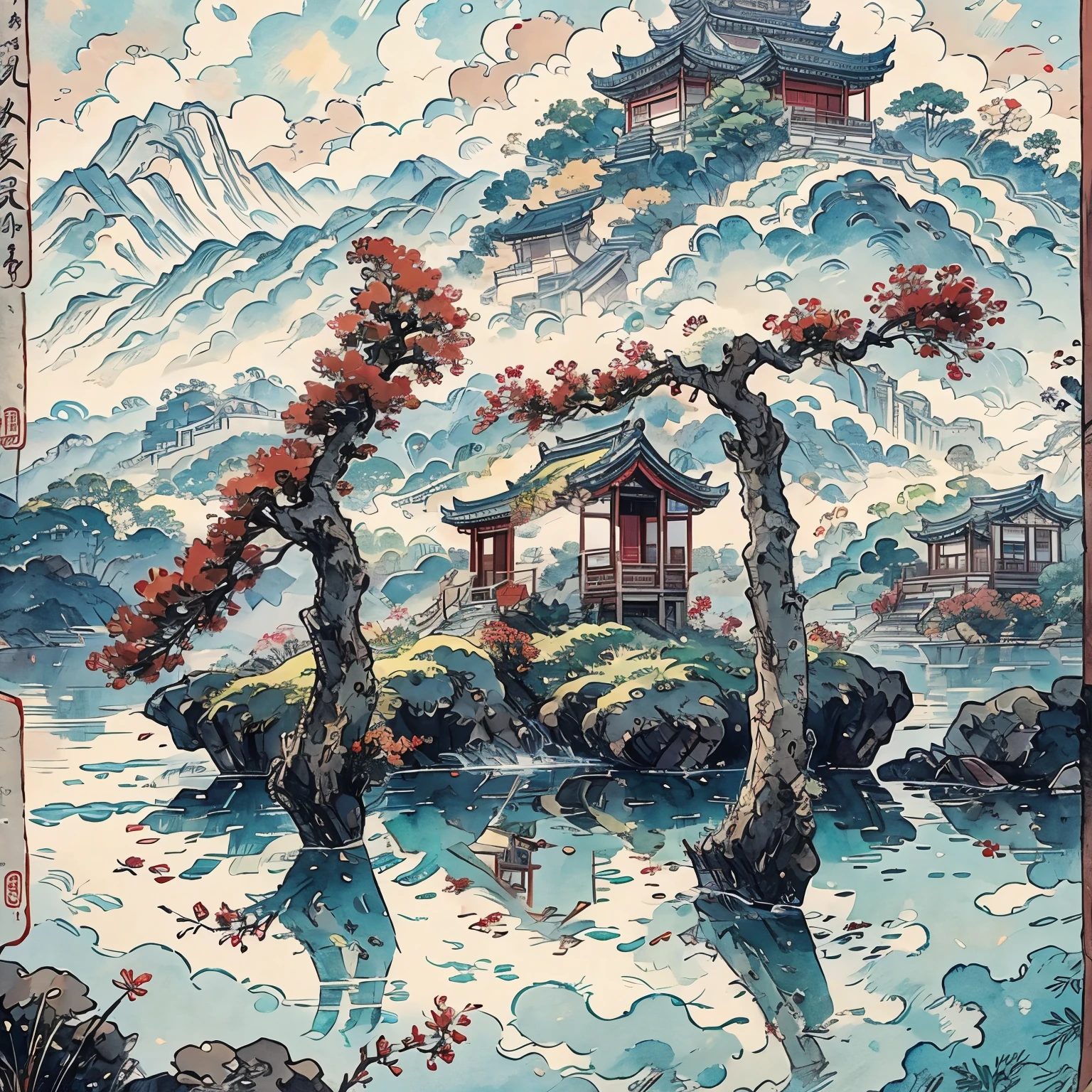 Mountain painting with a pagoda on a small island, chinese watercolor style, chinese painting style, digital painting of a pagoda, Chinese landscape, traditional Chinese watercolor painting, Chinese-style painting, Japan Art Style, Highly detailed watercolor 8k, highly detailed water colour 8 k, detailed painting 4 k, author：Hero, Japanese painting, author：Qu Leile