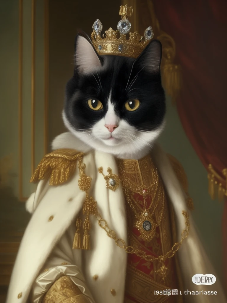 a cat wearing a crown， royal portrait, Majesty in noble attire, Dignified aristocracy, royal portrait painting, royal portrait, anthropomorphic cat, in cat paintings, elegant cat, aristocratic，The cat who always wears thirteen clothes