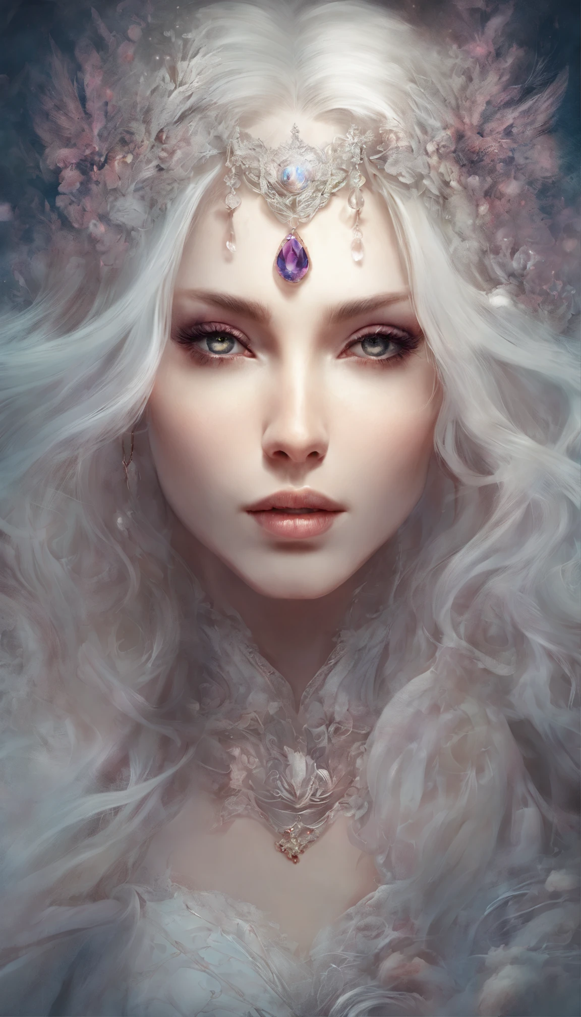 Crazy detailed photos of a gorgeous vampire woman, goth Renaissance, Long white hair, complex white eyes, dream-like, Vampires, Ethereal, the ultra-detailed, 32K resolution, 动态照明, the ultra-detailed, intricately details, Hot topics on artstation, triadic colours, Volumetriclighting, BalenciagaStyle