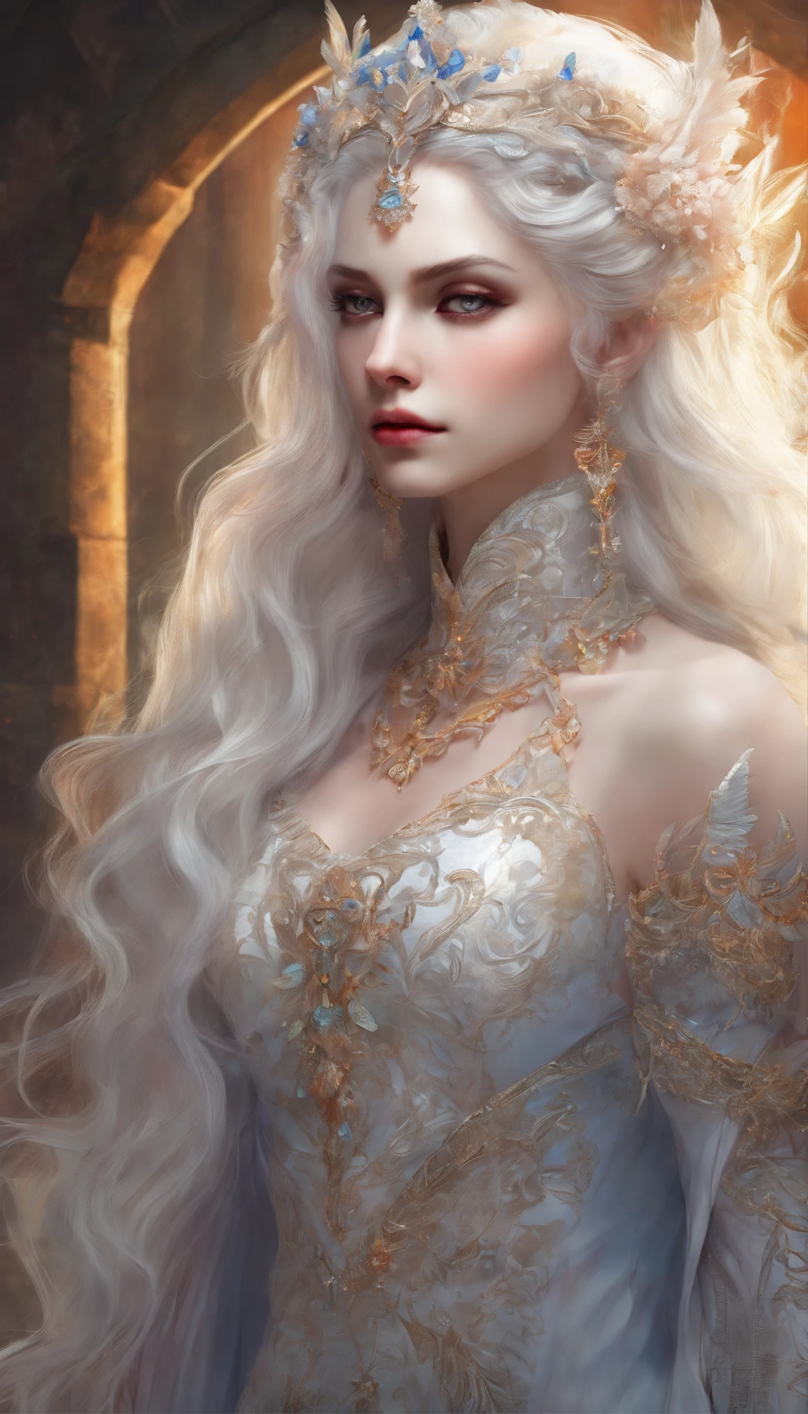 Crazy detailed photos of a gorgeous vampire woman, goth Renaissance, Long white hair, complex white eyes, dream-like, Vampires, Ethereal, the ultra-detailed, 32K resolution, 动态照明, the ultra-detailed, intricately details, Hot topics on artstation, triadic colours, Volumetriclighting, BalenciagaStyle