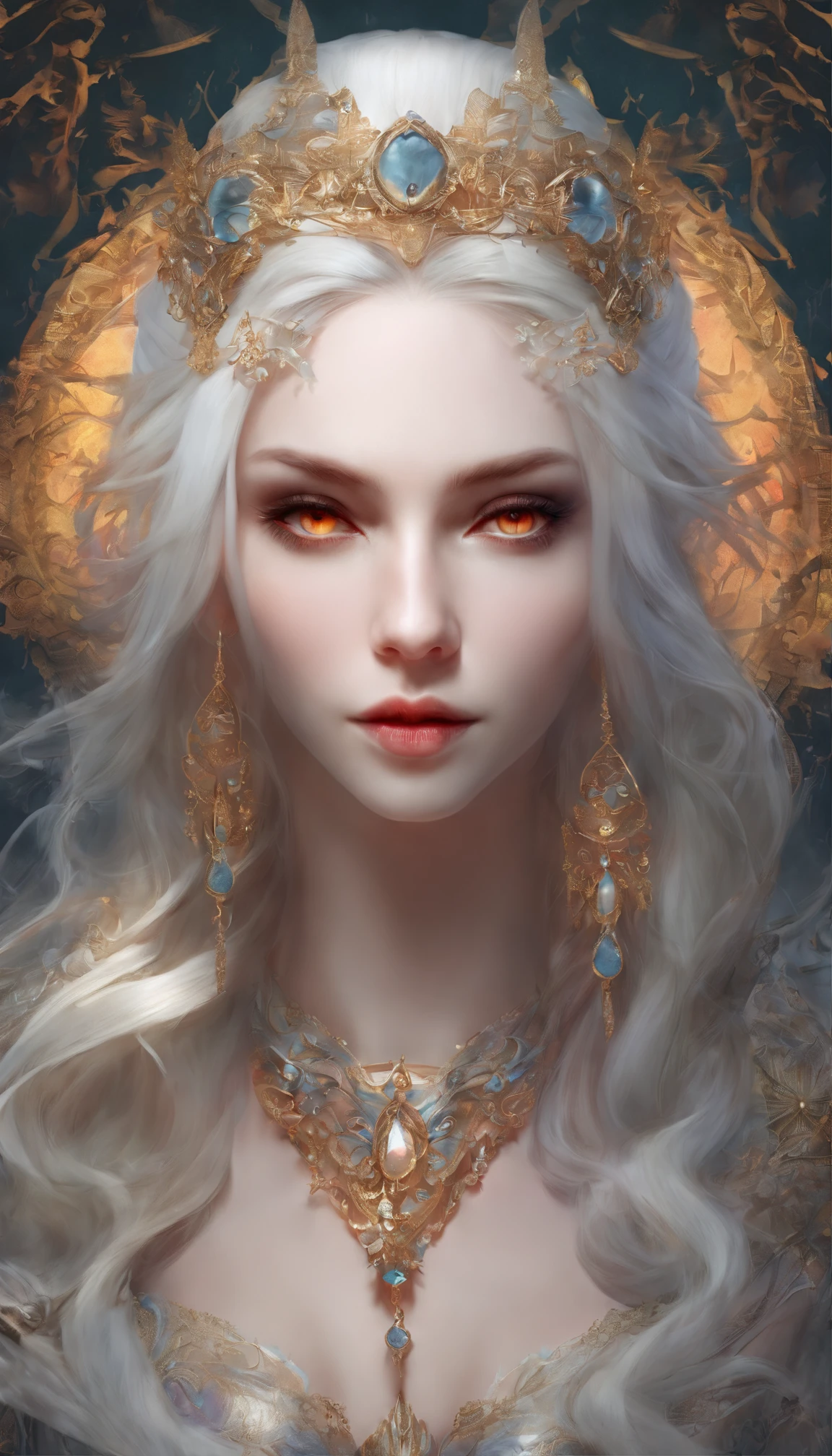 Crazy detailed photos of a gorgeous vampire woman, goth Renaissance, Long white hair, complex white eyes, dream-like, Vampires, Ethereal, the ultra-detailed, 32K resolution, 动态照明, the ultra-detailed, intricately details, Hot topics on artstation, triadic colours, Volumetriclighting, BalenciagaStyle