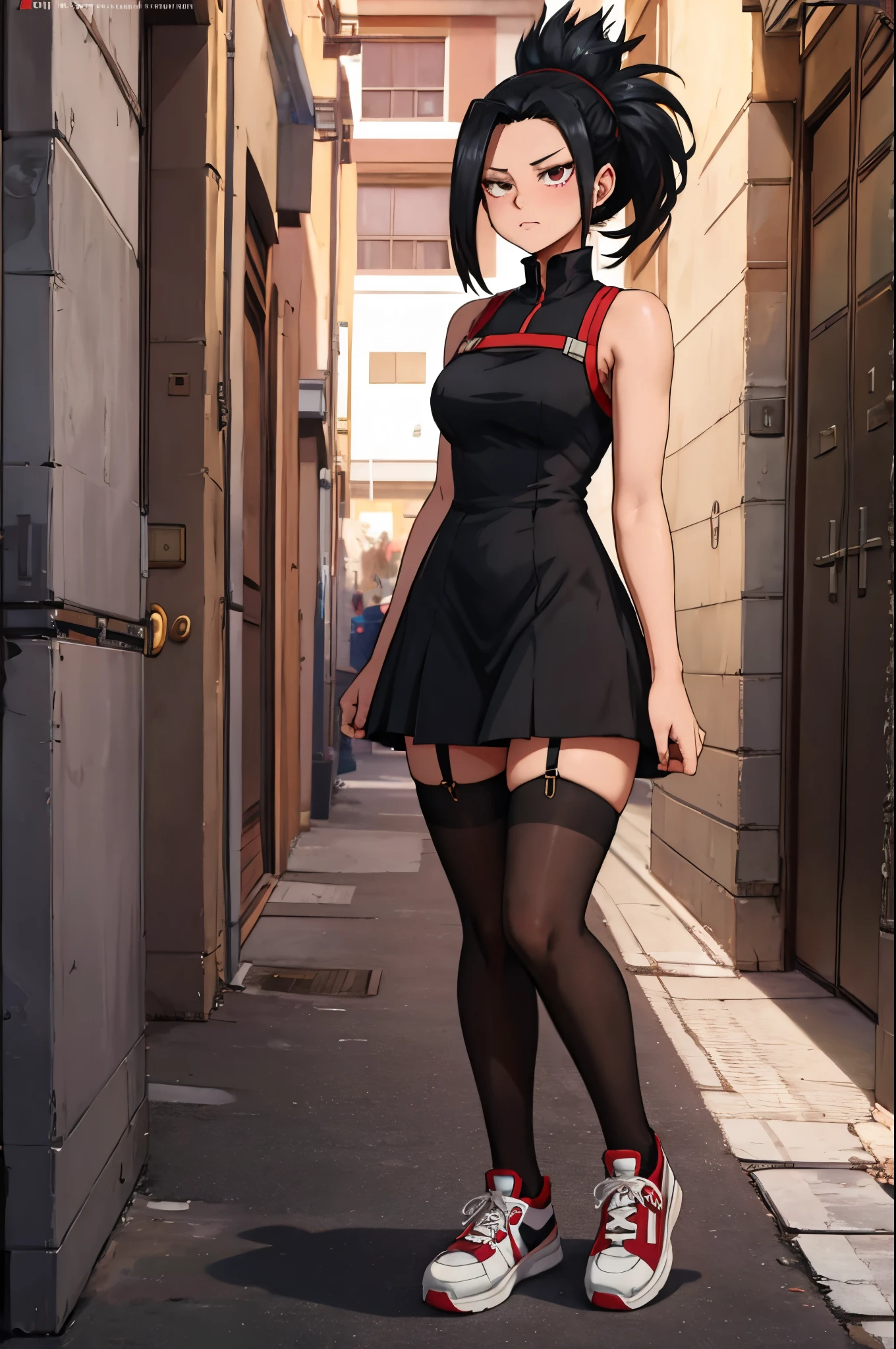 Momo Yaoyorozu from My hero academia, cute girl, sexy, stockings, black hair, short night dress, night club, night, dark dress, black dress, black stockings, black and white sneakers