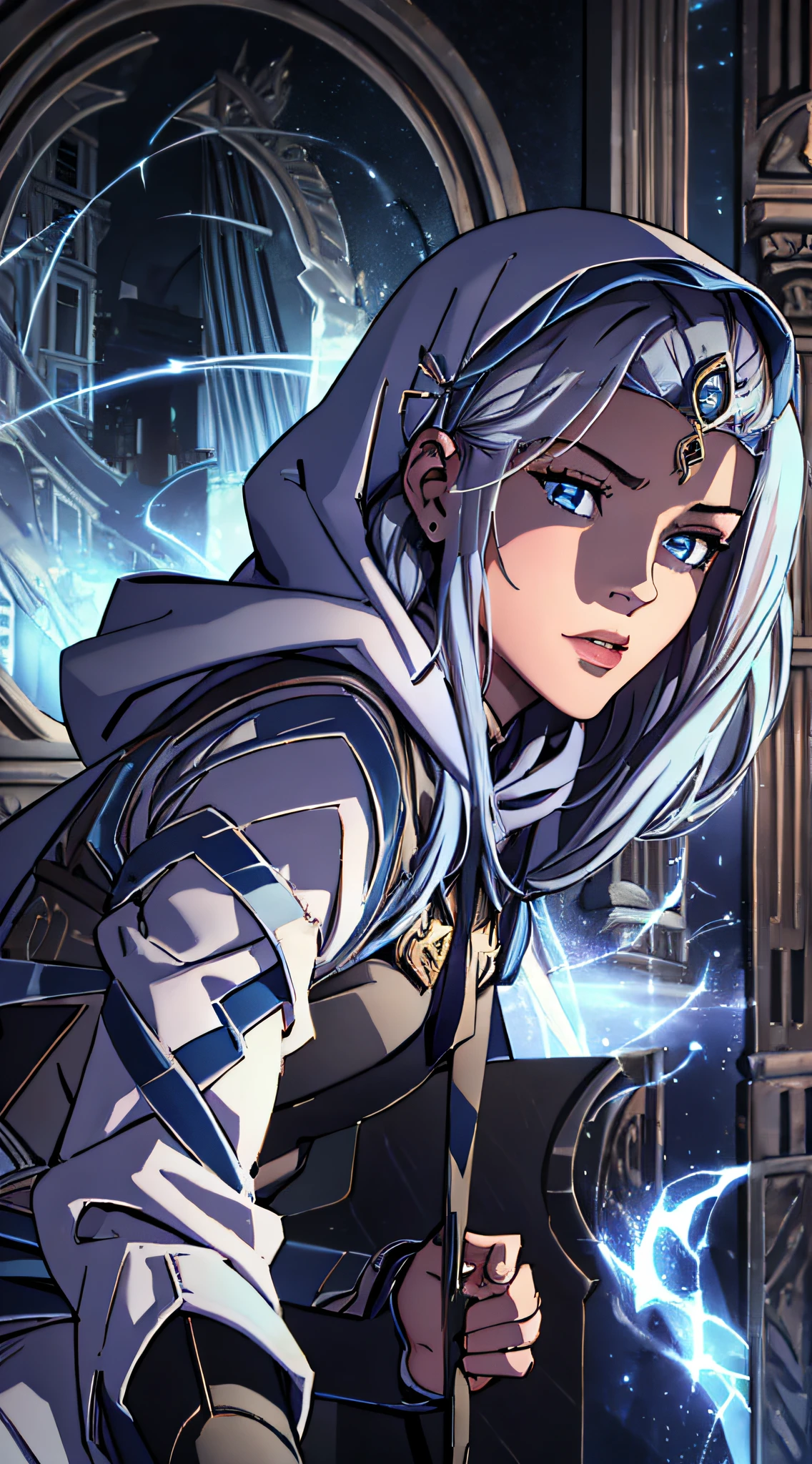 top-quality、Top image quality、masterpiece、teens girl((a baby face、White hoodie with open chest、Black skirt、18year old、 Ager、Best Bust、big bast,Beautiful light blue eyes, Long silver hair、A slender,Large valleys、Reflecting the whole body、Leaning forward、Alert、Blue flame aura on fist)),hiquality、Beautiful Art、Background with((Ruins、survival、Suspicious person))masterpiece、depth of fields,