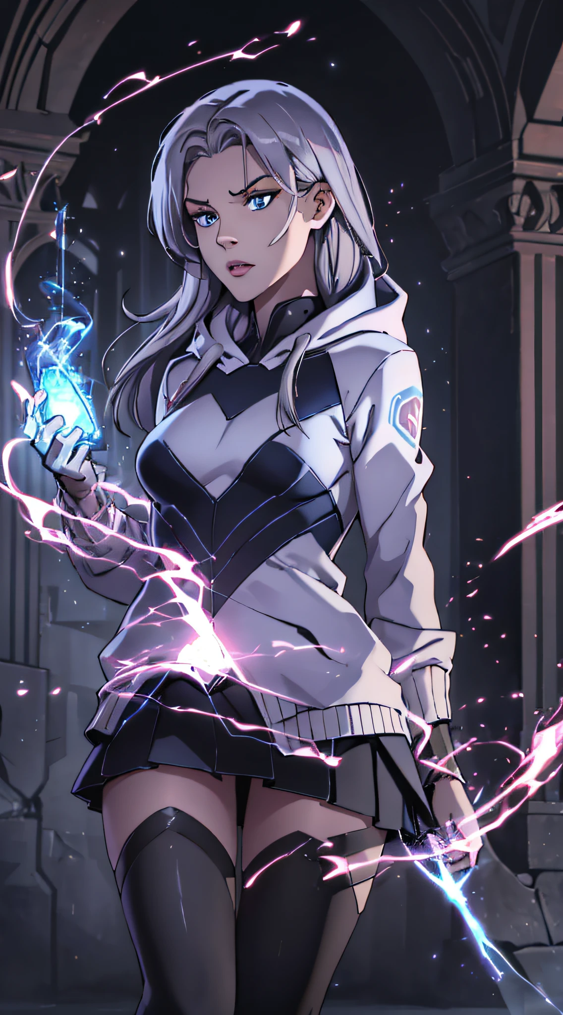 top-quality、Top image quality、masterpiece、teens girl((a baby face、White hoodie with open chest、Black skirt、18year old、 Ager、Best Bust、big bast,Beautiful light blue eyes, Long silver hair、A slender,Large valleys、Reflecting the whole body、Leaning forward、Alert、Blue flame aura on fist)),hiquality、Beautiful Art、Background with((Ruins、survival、Suspicious person))masterpiece、depth of fields,