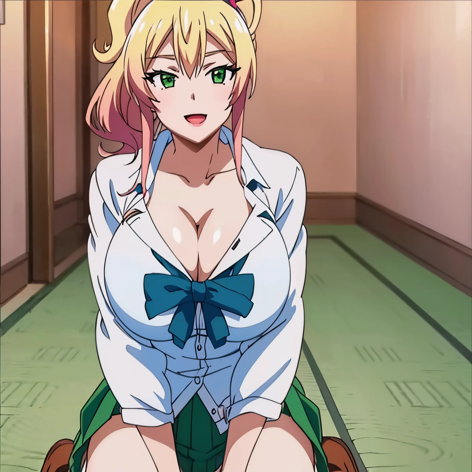 1women, solo, ((nude)), ((huge tits)),  slim waist, classroom, ((busty)), blonde hair, green eyes, ponytail hair, smile, white school uniform, green skirt, nectie under breast, open mouth, view at camera, cleavage