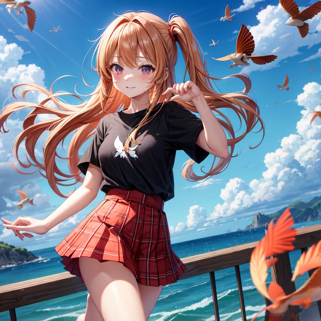Red-blonde、poneyTail、verd s eyes、one good looking girl、独奏、animesque、lightly dressed、Plaid miniskirt、a black T-shirt、sea of clouds、are flying、flying fish
