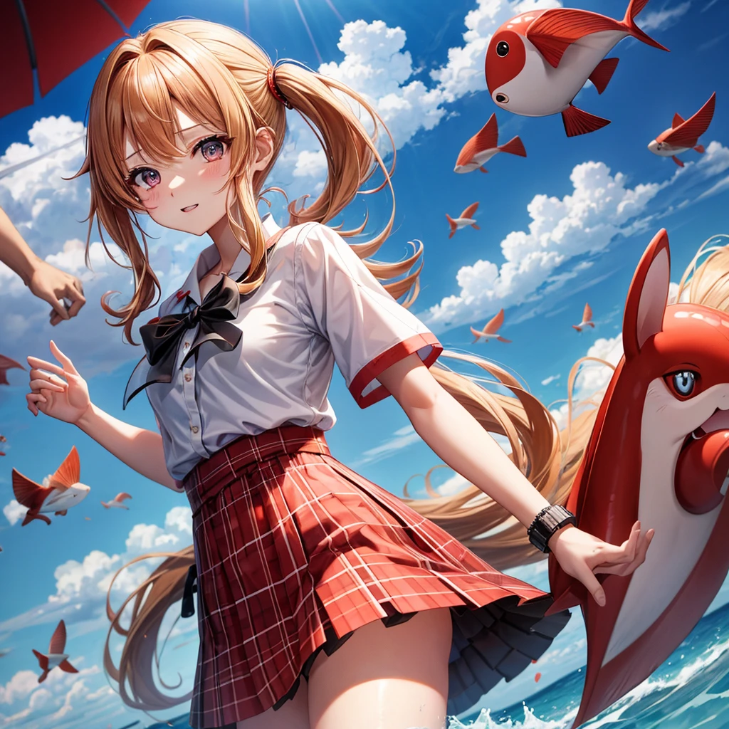 Red-blonde、poneyTail、verd s eyes、one good looking girl、独奏、animesque、lightly dressed、Plaid miniskirt、a black T-shirt、sea of clouds、are flying、flying fish