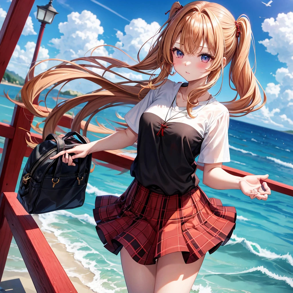 Red-blonde、poneyTail、verd s eyes、one good looking girl、独奏、animesque、lightly dressed、Plaid miniskirt、a black T-shirt、sea of clouds、are flying、flying fish