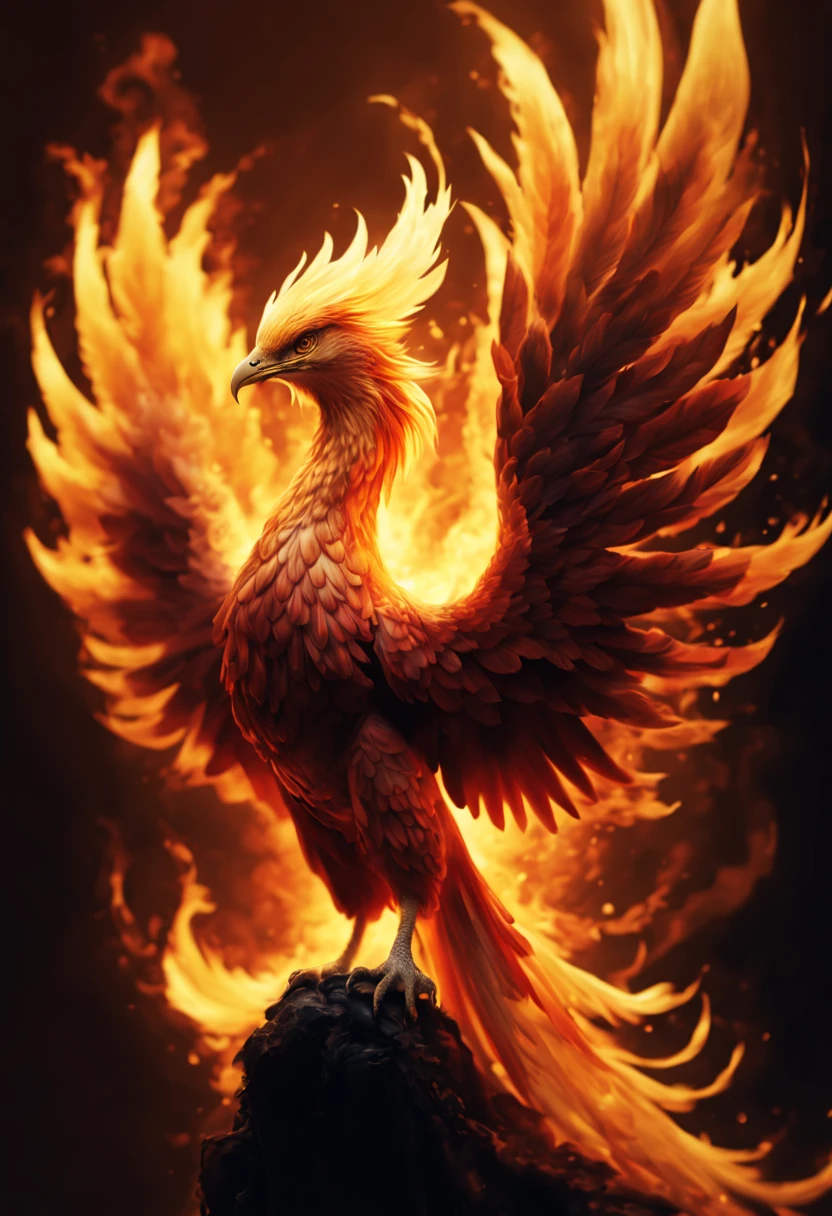 flame turns into phoenix，Showing the power of rebirth and hope，Symbolizes indomitable spirit, Elaborate Glow, Surreal movies&#39;Works without characters (Don&#39;t add people to the screen)