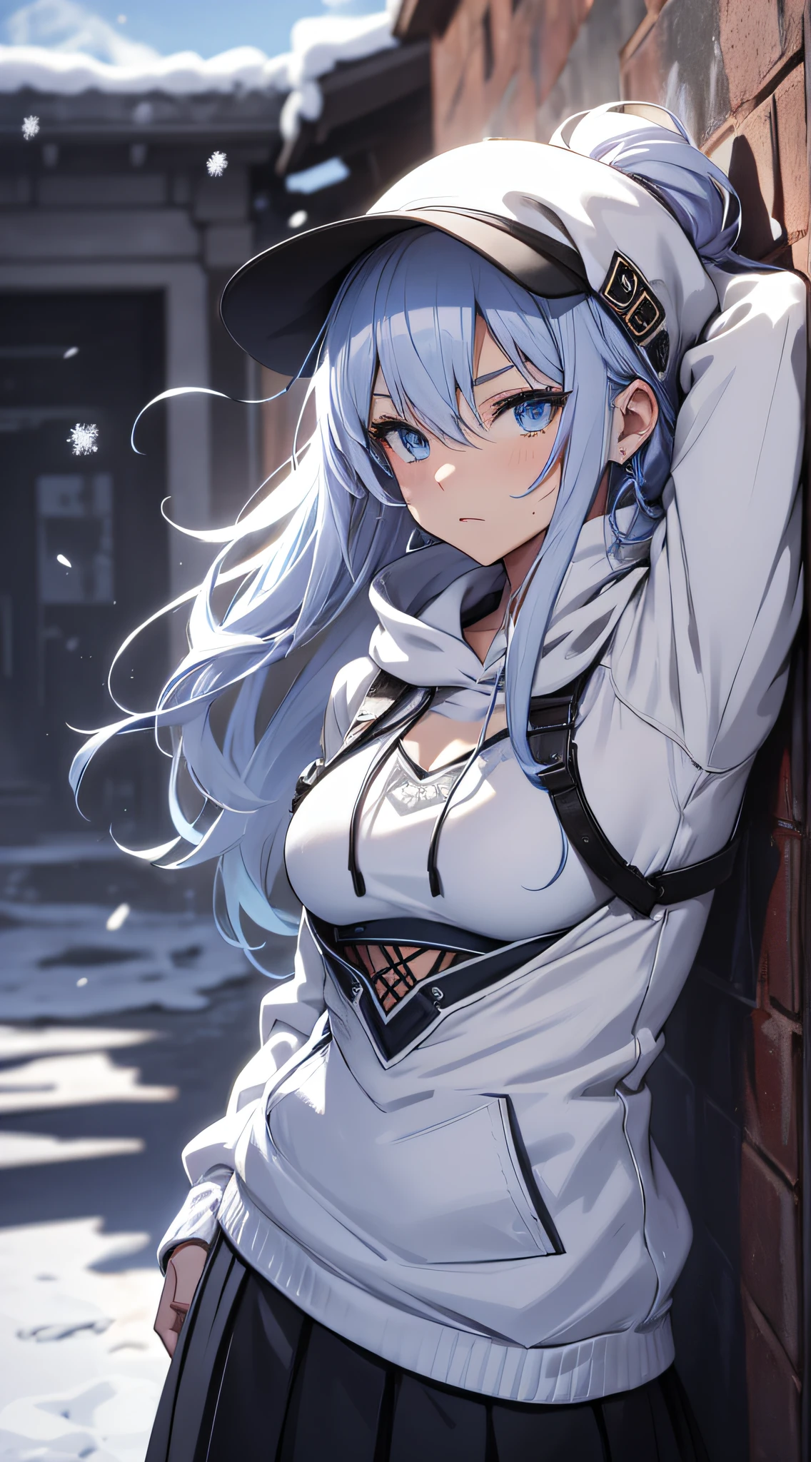 top-quality、Top image quality、masterpiece、s girl((Black underwear、White hoodie with open chest、Black skirt、18year old、 Ager、Best Bust、big bast,Beautiful light blue eyes, Long silver hair、A slender,Large valleys、Reflecting the whole body、Leaning forward、Hold Sword、White cap、worried face、tension、lean against the wall、Sweating、take a cautious stance、Cuts on the face)),hiquality、Beautiful Art、Background with((Oyuki、snow blowing、Ruins、survival、draw graffiti on the wall))masterpiece、depth of fields,