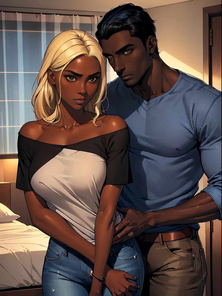 (Tall Dark skin ebony man in a casual shirt and blue jeans, broad shoulders, black hair), a disheveled attractive woman with blonde hair, embracing, clear defined brown eyes, deceptive, blushing, secretive lovers, flirtatious, mischievous, shocked expressions, both staring from inside a bedroom, caught in the act together, adultery