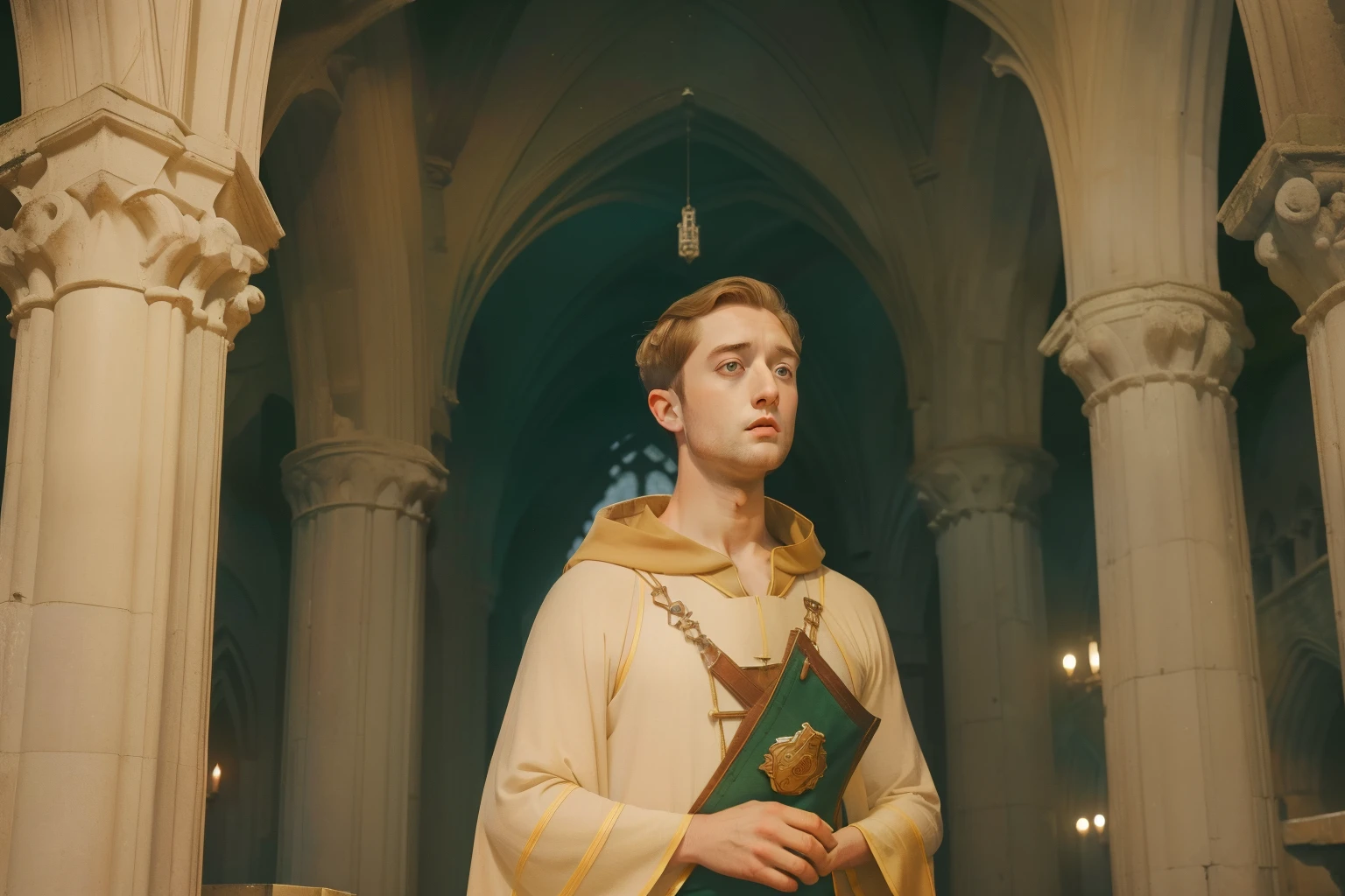 1136, Kingsbridge, England. otherworldly scene in a ruinous cathedral, ((((27-year-old)) Richard Rankin)), monk, looking up to the dome, ((((poor plain tunic from the 12th century)))), ((Hairstyle of the 12th century)), ((Wes Anderson cinematic style)), colorful