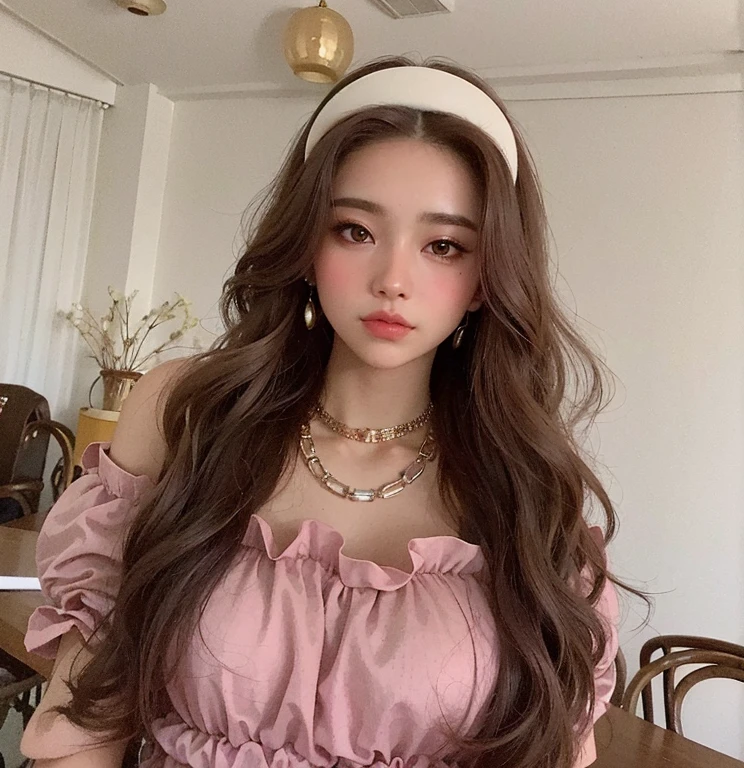 a close up of a woman with long hair wearing a pink top, ulzzang, gorgeous young korean woman, beautiful young korean woman, beautiful south korean woman, asian girl with long hair, korean girl, light brown long wavy hair, brown long hair with bangs, popular korean makeup, popular south korean makeup, sakimichan, headpiecehigh quality