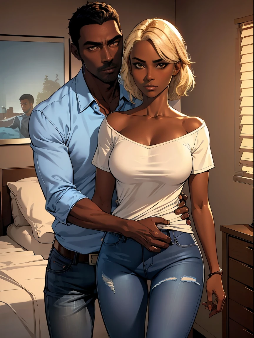 (Tall Dark skin ebony man in a casual shirt and blue jeans, broad shoulders, black hair), a disheveled attractive woman with blonde hair, embracing, clear defined brown eyes, deceptive, blushing, secretive lovers, flirtatious, mischievous, shocked expressions, both staring from inside a bedroom, caught in the act together, adultery