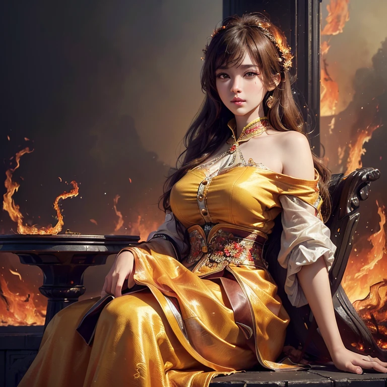 (A hyper-realistic), (hight resolution), (8K), (ighly detailed), (beatiful detailed eyes), (top-quality), (ultra-detailliert), (​masterpiece), (A detailed face), A half body、softfocus、Professional photographer photography、(Beautiful woman sitting on a pedestal surrounded by intense flames:1.4)、