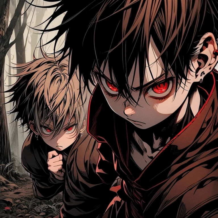 a light brown skinned boy, with red eyes, aged six years, short kid, white hair, strong gaze, amidst the forest, vagabond art style, kentaro miura art style, berserk style, wide angle, basic fighting stance, pose, black robe dramatic, action pose, fighting , wolf like monster, high angle, comic strip