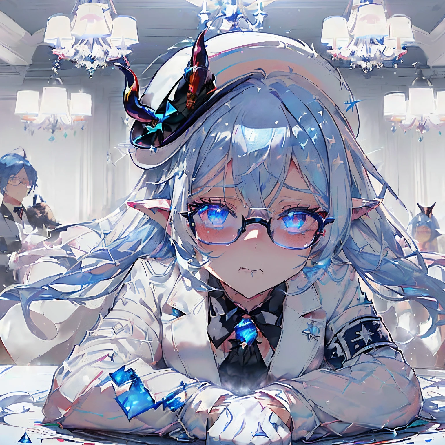 ((shiny blue hair)),((blue eyelashes and voluminous hair),(Curled Hair),((White suit)),((mafia style suit)),(wearing a jacket over&#39;Shoulder),((Liquor bottles and glasses are scattered)),Slight red tide,((A frustrated look on his face)),((Teary-eyed)),((White tight skirt)),(Long black boots),((white hat with a black band and white horns or ears)),((white hat with ears)),(A hellish calamity like the demon world々A WORLD),((shining chandelier)),((He fell face down on the table and stepped on the ground.)),((The muzzle is pointed at us.)),((pistols)),((Trying to shoot a gun)),