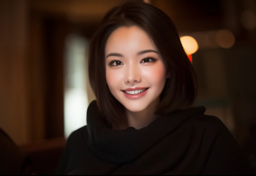 best quality, masterpiece, cityscape, cityscape, short hair, large breasts, seductive smile,