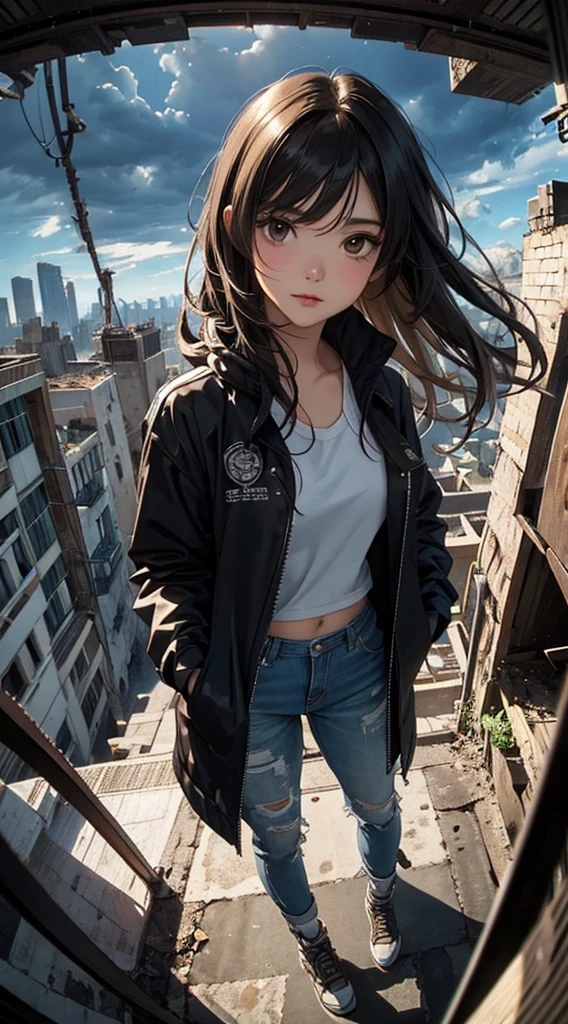 ((8k wallpaper of extremely detailed CG unit, ​masterpiece, hight resolution, top-quality)), (Beautuful Women, Hands in pockets:1.5, Grunge Fashion, Wearing a blouson:1.2, Wearing micro mini shorts:1.2, Wearing shoes:1.1), ((extra detailed face, Highly detailed black eyes, extra detailed body, Top quality real texture skins)), (A dark-haired, hair messy, de pele branca, Exposed belly), (Apocalypse, A devastated worldview, Inside an abandoned building), (high-angle:1.2, Fisheye:1.3), hyper realisitic, digitial painting,