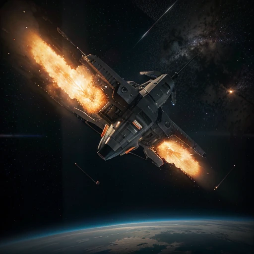 Futuristic, a space ship,Detailed body, BABYLON 5,Rectangular shapes, high detail, hovering above the surface of the planet at a high altitude, planet in the frame, Star, located behind the planet, a stream of meteorites burning in the atmosphere and falling onto the planet, explosions on the surface of the planet, rays of light from a star, side glance