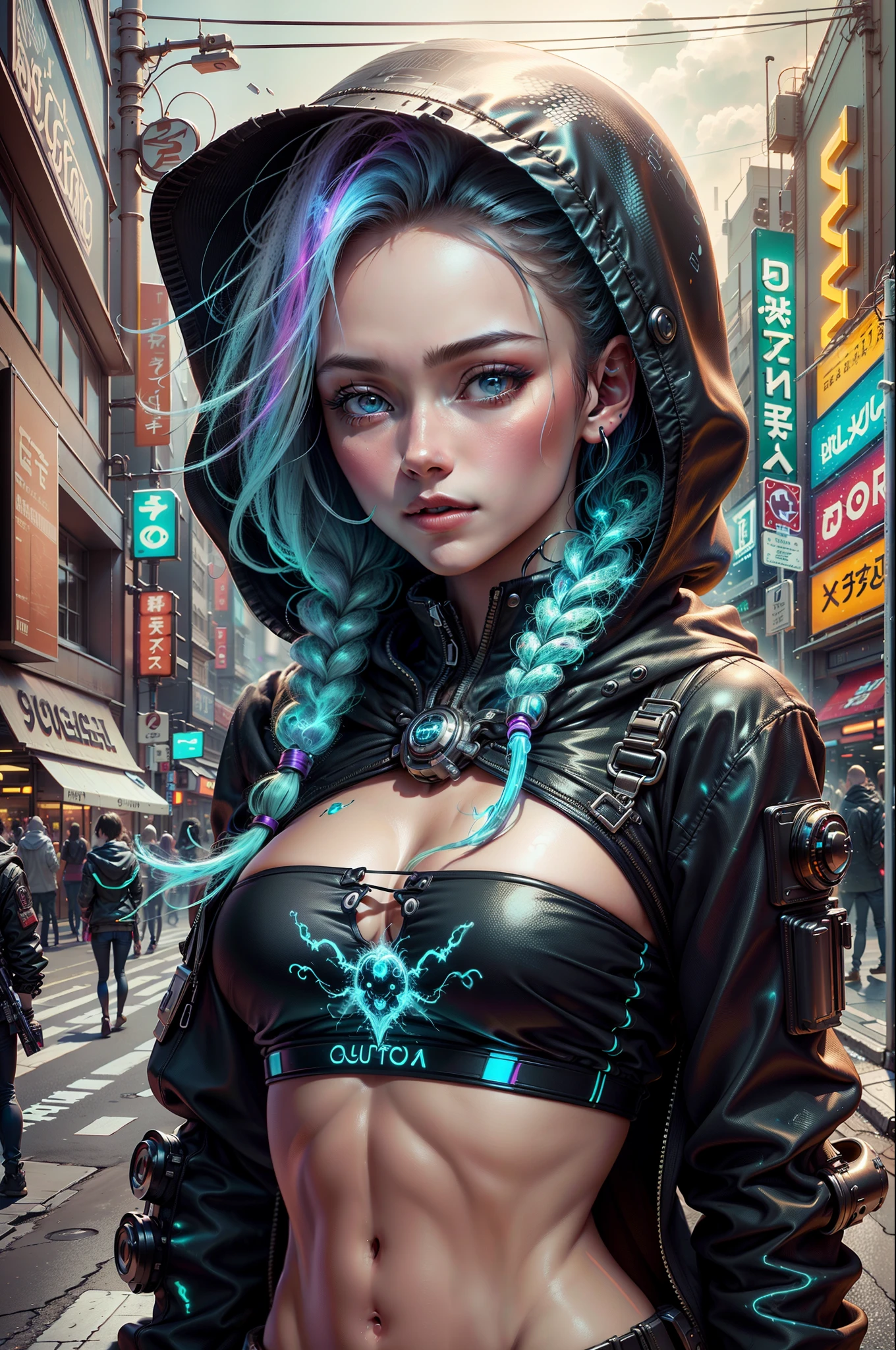 cyberpunk hooded girl standing epic middle of busy bustling Tokyo street, hd wallpaper, captivating neon light hues, symmetry, heistcore, stile Agnes Cecile, Broken Glass effect, no background, stunning, something that even doesn't exist, mythical being, energy, molecular, textures, iridescent and luminescent scales, breathtaking beauty, pure perfection, divine presence, unforgettable, impressive, breathtaking beauty, Volumetric light, auras, rays, vivid colors reflects, v_model:v4 --auto --s2