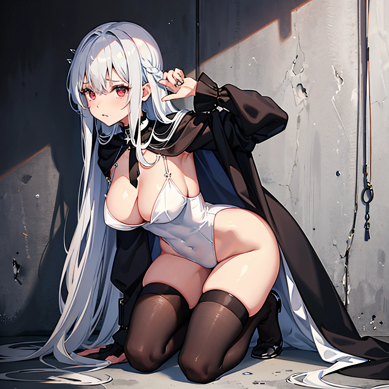black cloak、white leotard、Long Globe、Thigh-high socks、long black and blue hair、Tears、red blush、Hands Behind Your Back、red eyes、jail、clenching teeth、one girls、bang、Hand chain、fetters、Crucifix on the wall、full body visible、crying、Opening legs、Drops of water on the cheeks、Water drops on thighs、The floor is wet、choker、fetters、Sides visible、Hit your chest against the wall、Front buttock grip、up to the knee、Her body is facing the wall.
