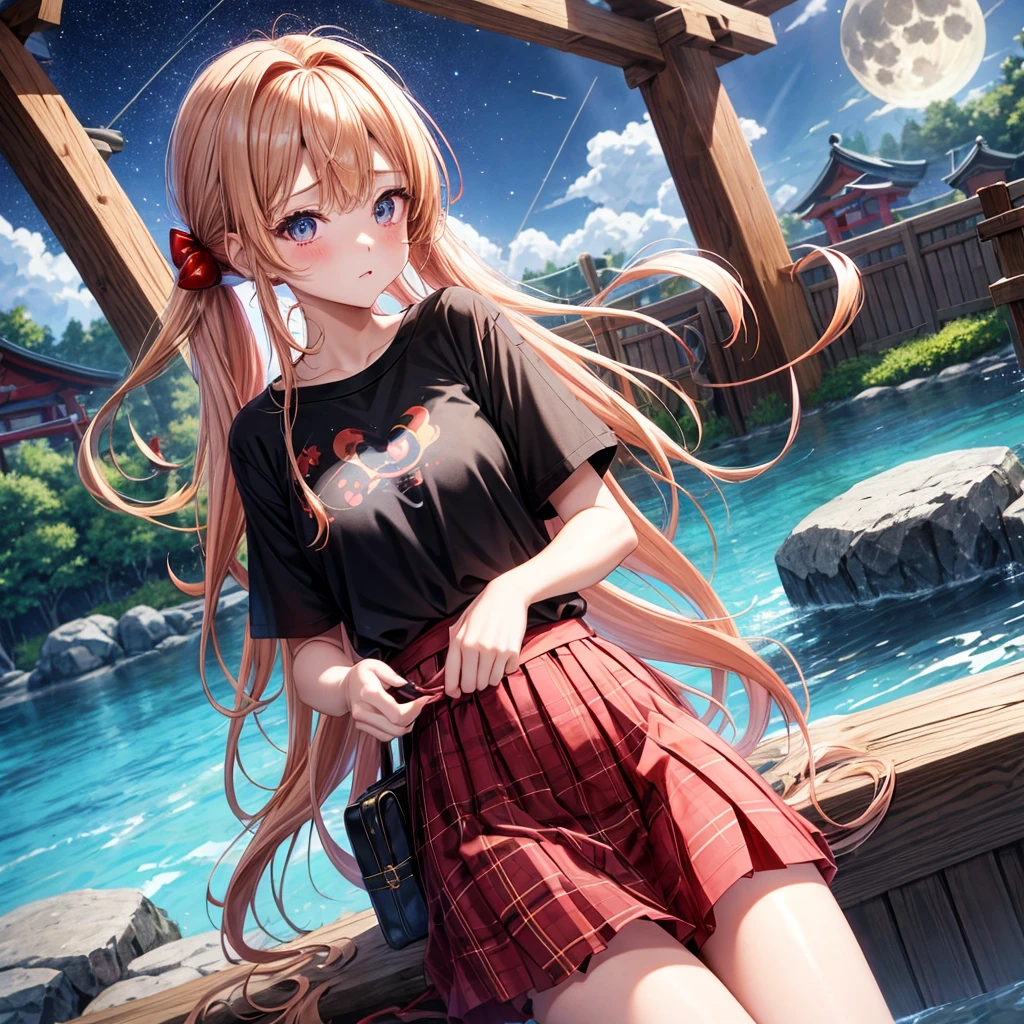 Red-blonde、poneyTail、verd s eyes、one good looking girl、独奏、animesque、lightly dressed、Plaid miniskirt、a black T-shirt、shrines、Water leads、are flying、fullmoon、Meteor swarm、Glittering starry sky
