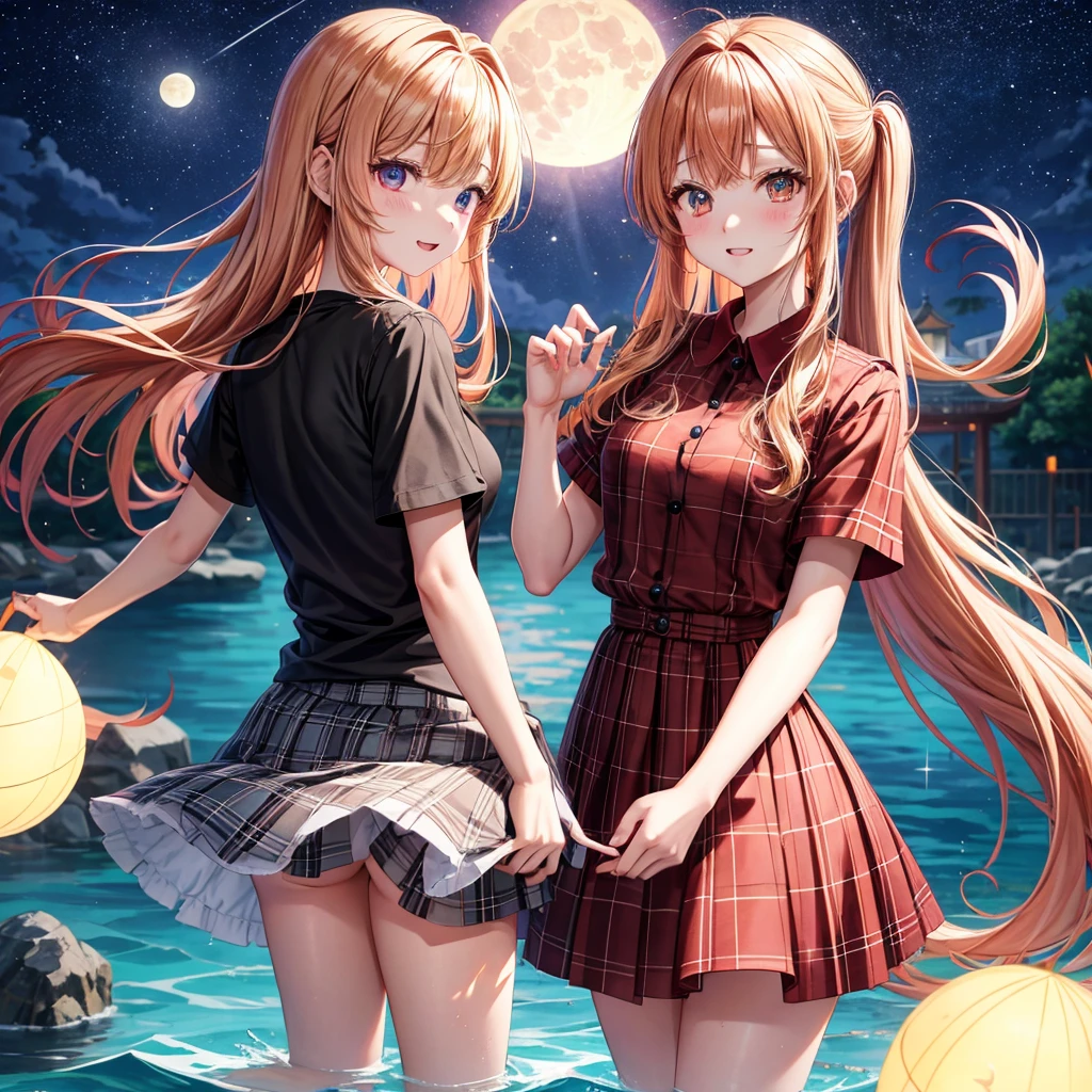 Red-blonde、poneyTail、verd s eyes、one good looking girl、独奏、animesque、lightly dressed、Plaid miniskirt、a black T-shirt、shrines、Water leads、are flying、fullmoon、Meteor swarm、Glittering starry sky