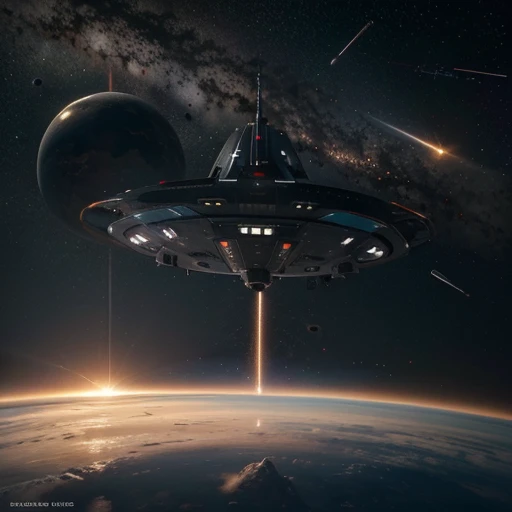 Futuristic, a space ship,Detailed body, BABYLON 5,Rectangular shapes, high detail, a stream of meteorites burning in the atmosphere and falling onto the planet, explosions on the surface of the planet, hovering above the surface of the planet at a high altitude, planet in the frame, Star, located behind the planet, rays of light from a star, side glance
