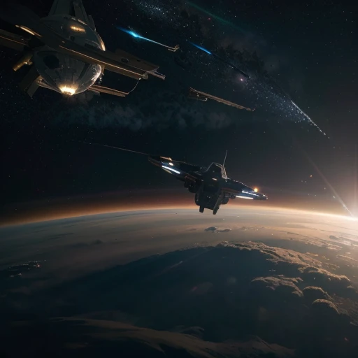Futuristic, a space ship,Detailed body, BABYLON 5,Rectangular shapes, high detail, a stream of meteorites burning in the atmosphere and falling onto the planet, explosions on the surface of the planet, hovering above the surface of the planet at a high altitude, planet in the frame, Star, located behind the planet, rays of light from a star, side glance