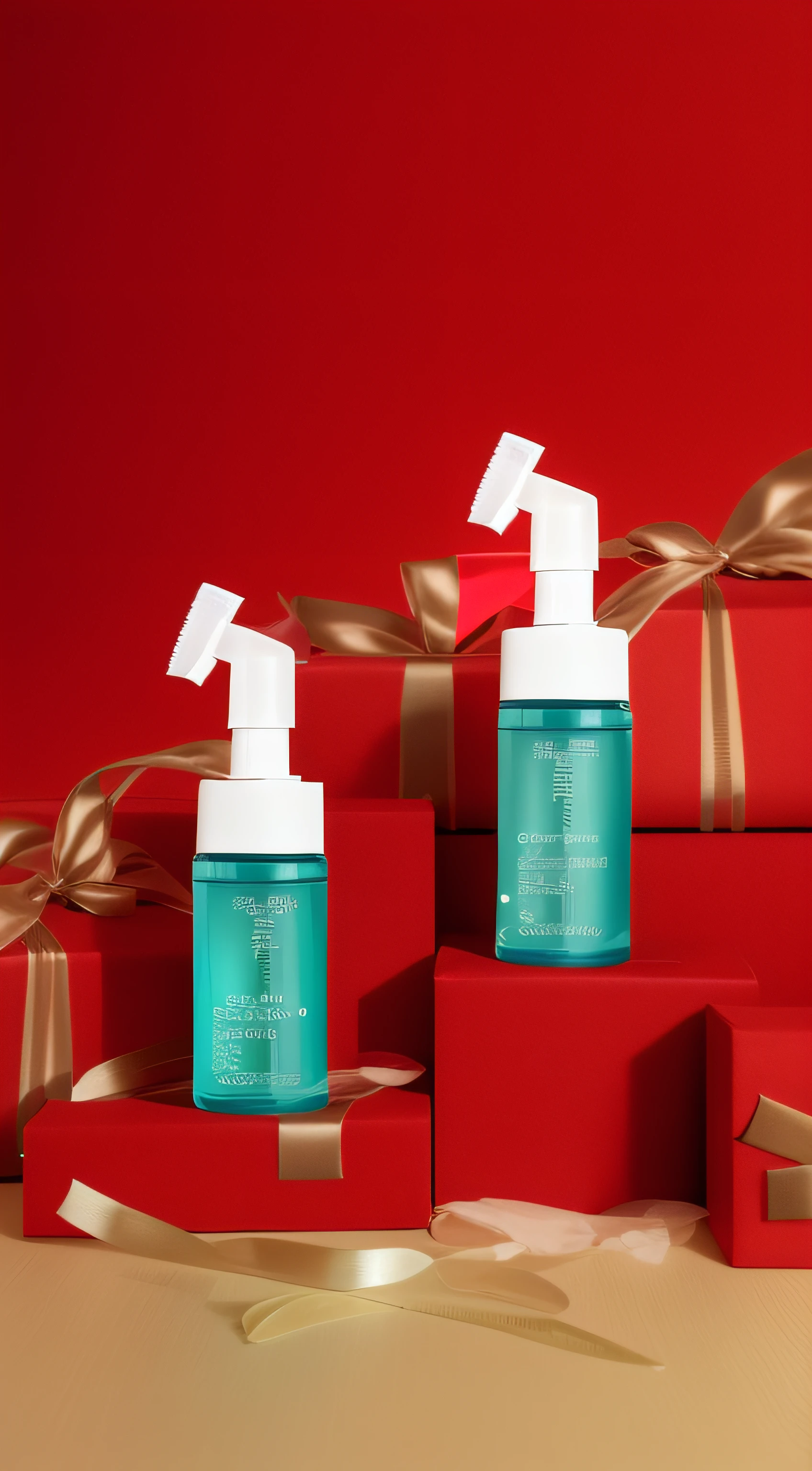Three bottles of lotion placed on a red box, vacation, glistning skin, dispel, product photograph, dramatic product shot, Shooting for a skin care brand, exclusive, professional product shot, clean face and body skin, detailed product image, fotografia do produto, Product close-up photos, product introduction photos, drastic, professional product photo, 😭🤮 💔