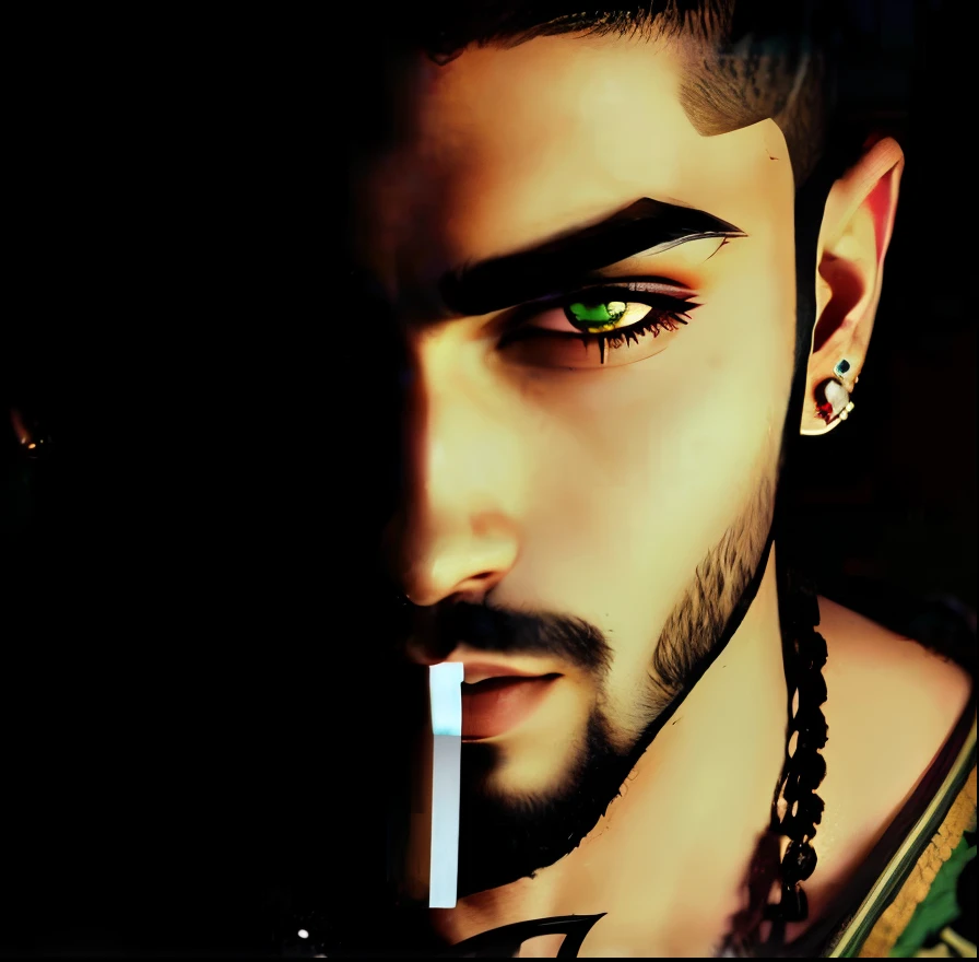 a close up of a man with a beard and piercings on his nose, zayn malik, his eyes look wise, his eyes are bleeding intense, he has yellow wolf eyes, green eyes!!!!, green eyes!!!, arham horror, he's very menacing and evil, profile pic, male vampire of clan banu haqim, with green eyes