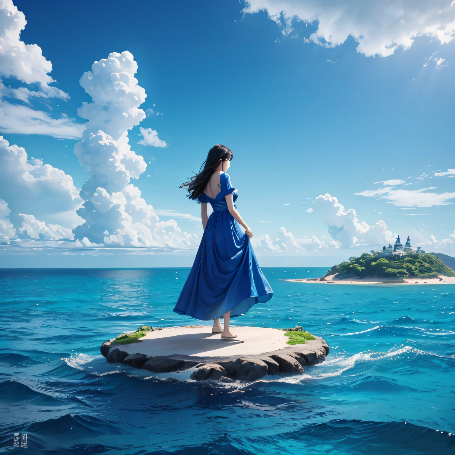 The boundless blue sea,Endless blue sky,Sea-sky handover,There an island in the sea,Wandering alone in the sea,There a beautiful floating island,Wearing stepmother's dress,Perfect figure,bumpy,Standing on an island,looking at the distance。