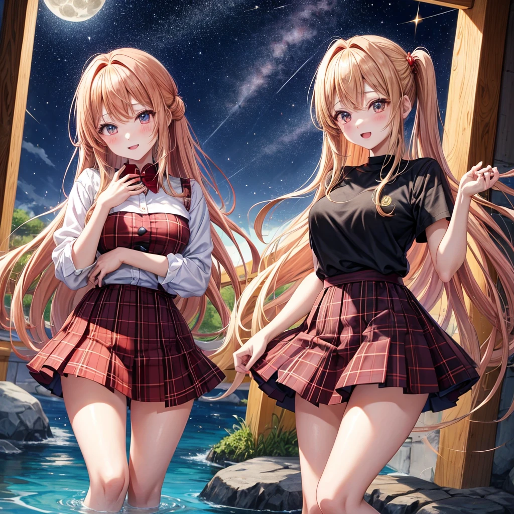 Red-blonde、poneyTail、verd s eyes、one good looking girl、独奏、animesque、lightly dressed、Plaid miniskirt、a black T-shirt、shrines、Water leads、are flying、fullmoon、Meteor swarm、Glittering starry sky