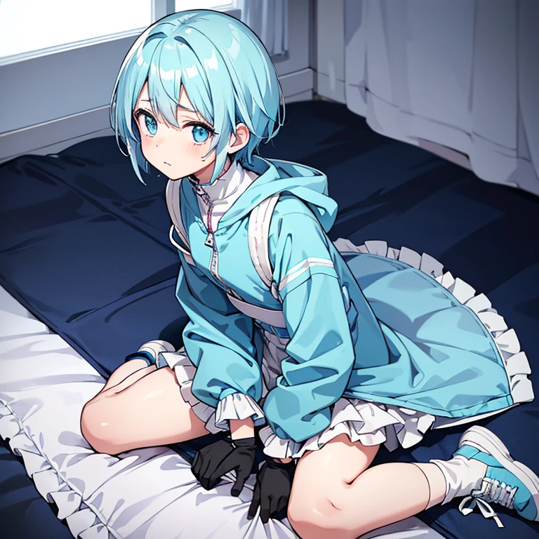 Beautiful anime boy Light blue clothes with zippers Band-aid Harness Frills Sneakers Loose socks Short cut with long sideburns Pale light blue Light falls Solo shota Cute stuffed animals around Gloves with no fingers All light blue Parka Jersey with upper and lower parts Legs open lie down view from above feel embarrassed