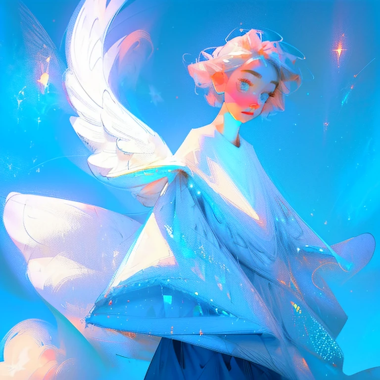 blue backdrop,Background with cosmic silver glow halo,girl,White pupils,Disney,light blue short hair,Clouds float,wollen,light yarn,Sparkling,Quiet,Surrounded by huge white wings