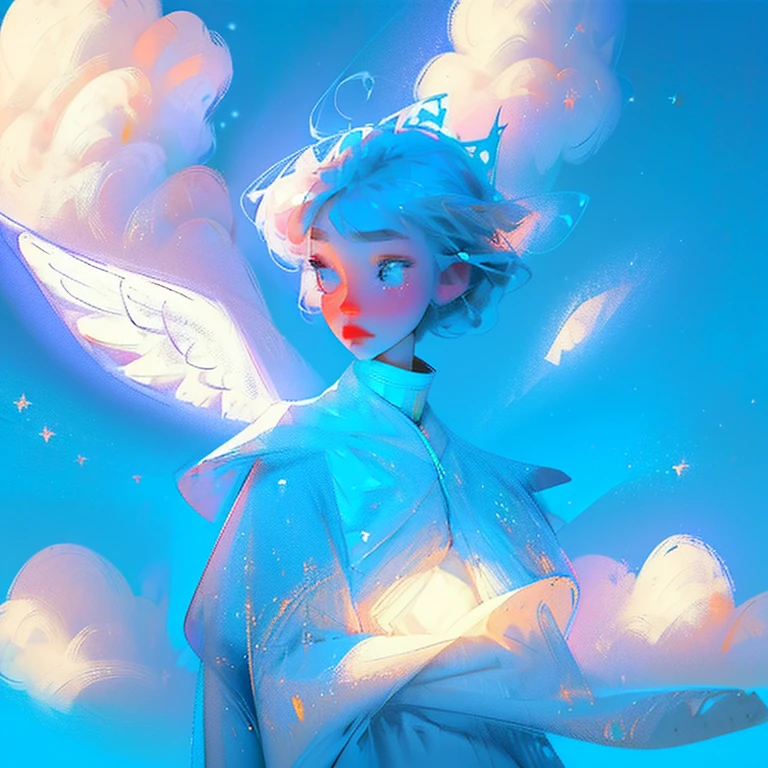 blue backdrop，Background with cosmic silver glow halo，girl，White pupils，Disney，light blue short hair，Clouds float，wollen，light yarn，Sparkling，Quiet，Surrounded by huge white wings