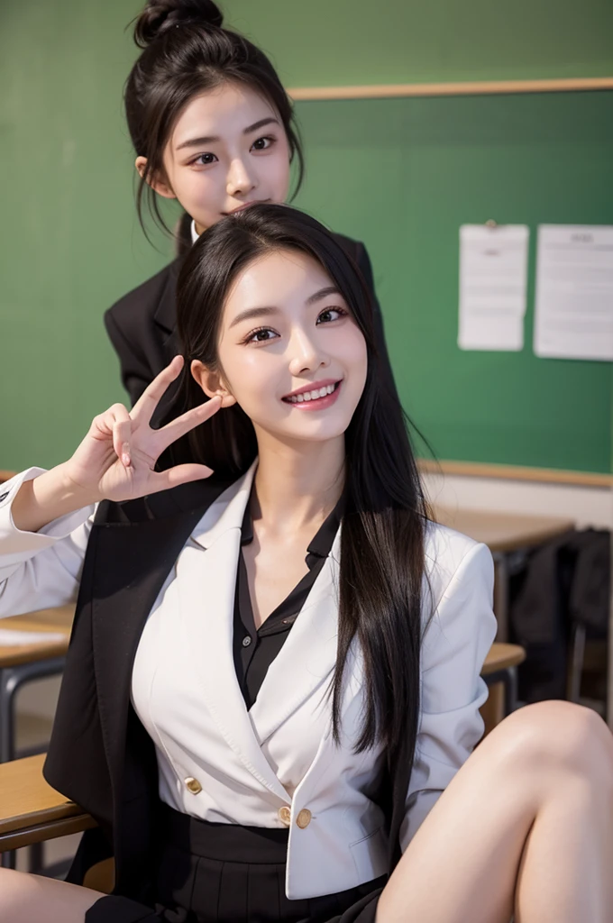 8K,hyper HD,Cinematic quality,Best quality,Highly detailed facial details,Beautiful and sexy Chinese supermodel,Tall figure,Excellent figure,top knot hairstyle,large breasted body,Bigger chin,Longer chin, sexually attractive,with whole body visible,There are many classmates,,,School uniforms and skirts,Class in school classroom,with whole body visible,,,ssmile,V-gesture,Happy laughter
