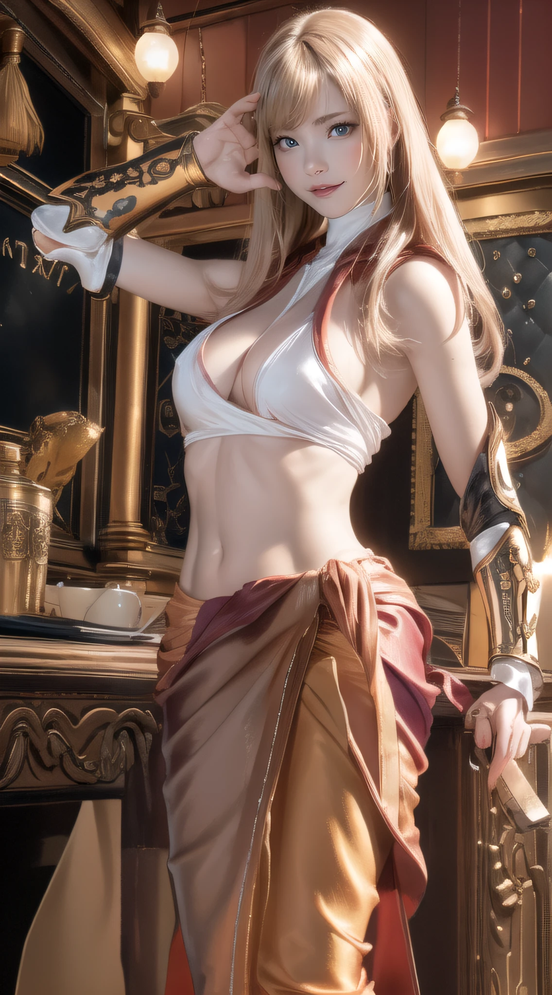 (Cinematic scene,Fantasy Art,Highest image quality,hyperrealistic portrait,(8K),Ultra-realistic,Best Quality,High quality,High Definition,high quality texture,high detailing,Beautiful detailed,fine detailed,extremely details CG,Detailed texture,realistic representation of face,masutepiece,presence,Dynamic,Bold),1gir,Ultra detailed skin,Curve,Petite,Beautiful breasts,Large breasts,pale skin,pointed breast,Erect nipples,(Thin hair),(Soft hair),(ultra straight hair:1.8),Swept long bangs,very light coppery amber hair,Hair over one eye,((Clothed:1.5),Leather boots,Leather Gauntlet,(school uniform armor:1.5),(Long Silk Salon:1.5)))