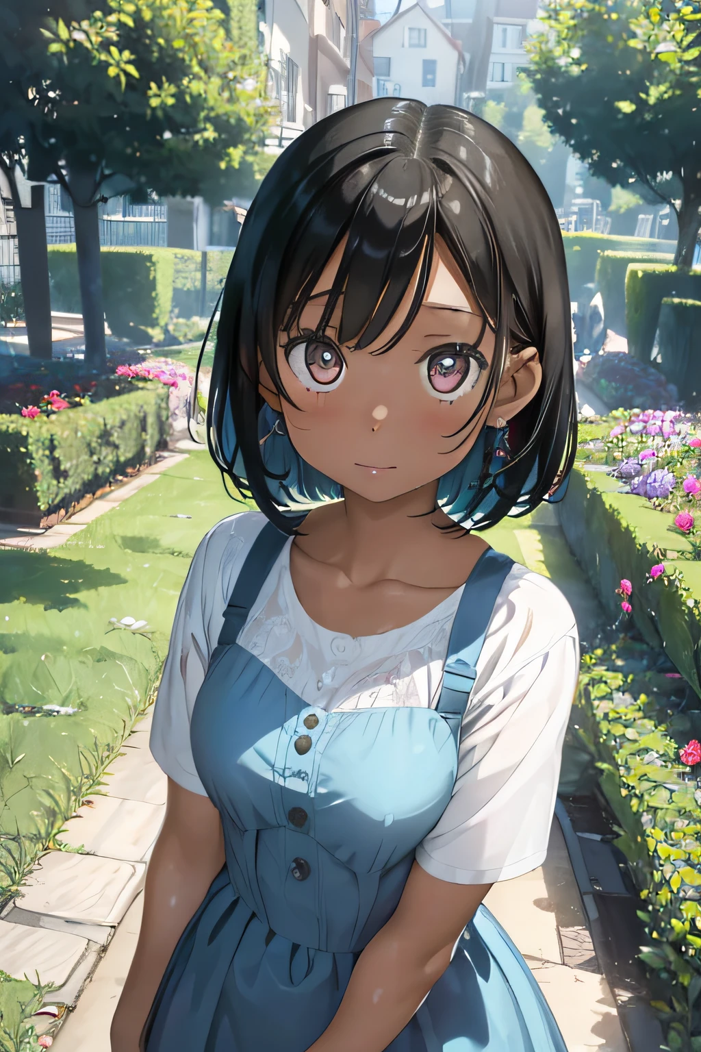 (High quality,Realistic),(Portrait,Concept Artist),(dark-skinned girl with bob hairstyle),Beautiful detailed eyes,Beautiful detailed lips,extra detailed face,Sharp Focus,Studio Lighting,Bokeh,Vivid colors,Paint color,Soft shadows,twigs of hair surrounding the face,Wear stylish outfits,Confident expression,friendly and welcoming atmosphere,Faint smile,tilt your head slowly,colorful flower々Standing in a lively garden,Butterfly flapping its wings,Under the warm sunshine,rich greenery and tall trees々々Background filled with,Ethereal Atmosphere,Theme inspired by Alice in Wonderland,subtle surreal elements,dreamy quality