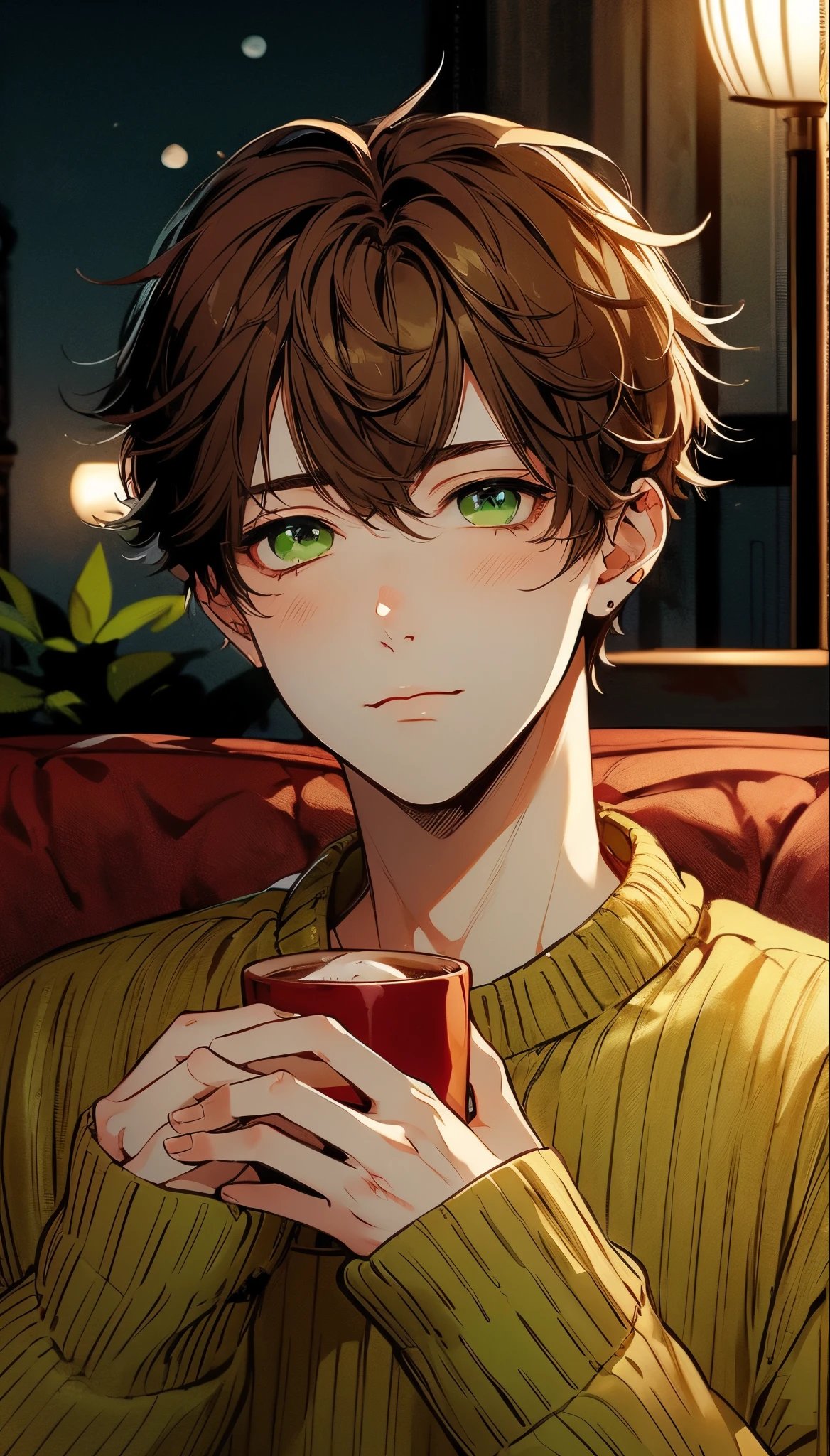 Beautiful young man, Brown hair, Soft hair, Short hair, Green eyes, Night, Sitting on a red sofa and drinking cocoa, Yellow sweater, Indirect proof, relieved expression,High quality, amount of drawing, pixiv illustration