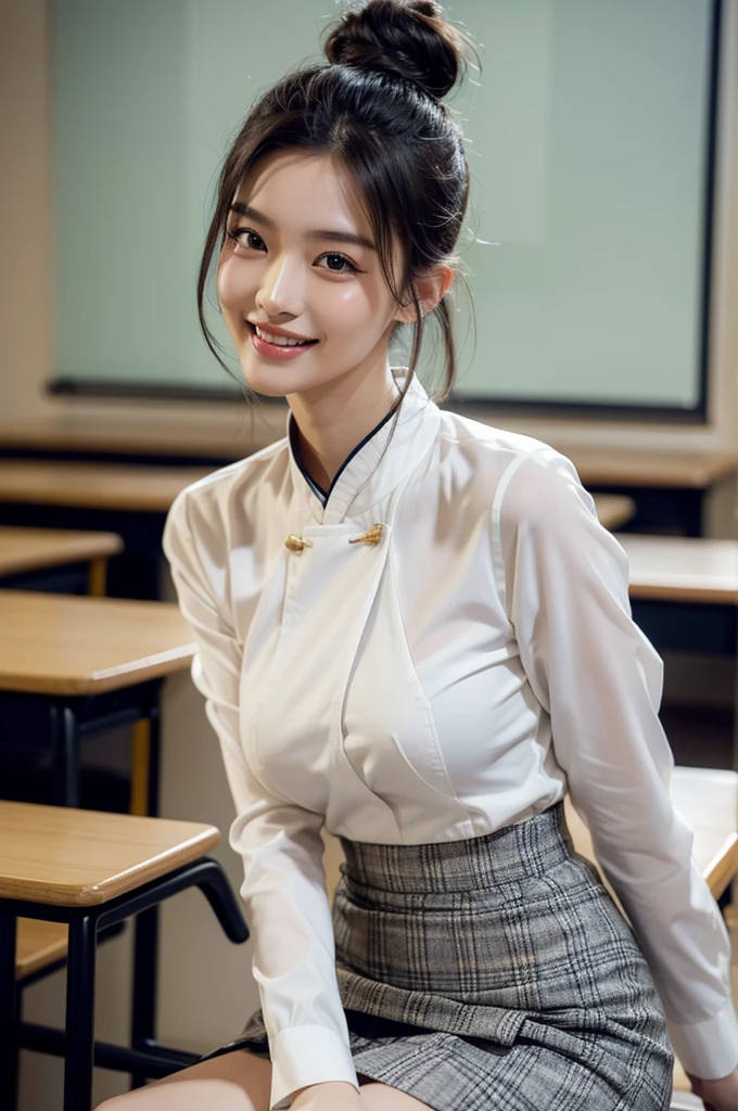 8K，hyper HD，Cinematic quality，Best quality at best，Highly detailed facial details,Beautiful and sexy Chinese supermodel，Tall figure，Excellent figure，top knot hairstyle，large breasted body，Bigger chin，Longer chin， sexually attractive，with whole body visible，There are many classmates，，，Wearing school uniforms and school skirts，Class in school classroom，with whole body visible，，，ssmile，V-gesture，happy laugh