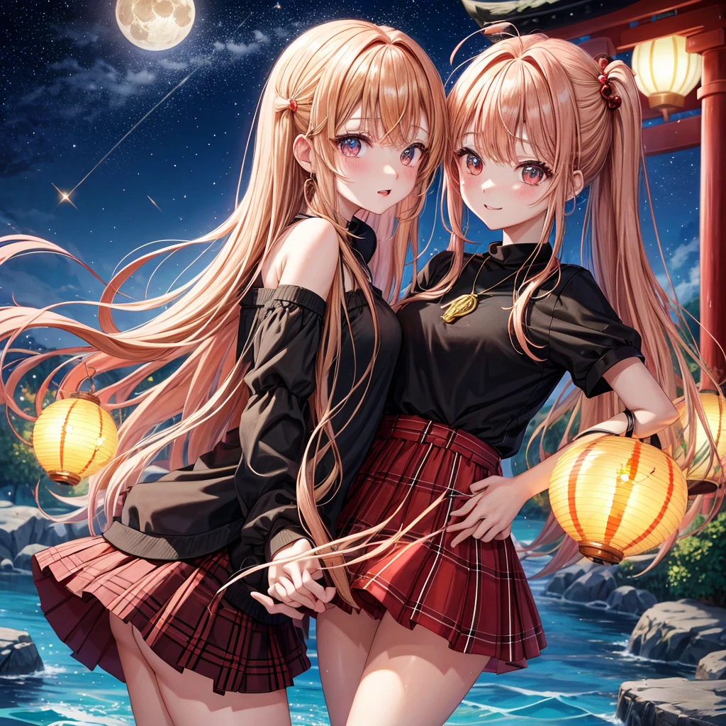 Red-blonde、poneyTail、verd s eyes、one good looking girl、独奏、animesque、lightly dressed、Plaid miniskirt、a black T-shirt、shrines、Water leads、are flying、fullmoon、Meteor swarm、Glittering starry sky、lantern
