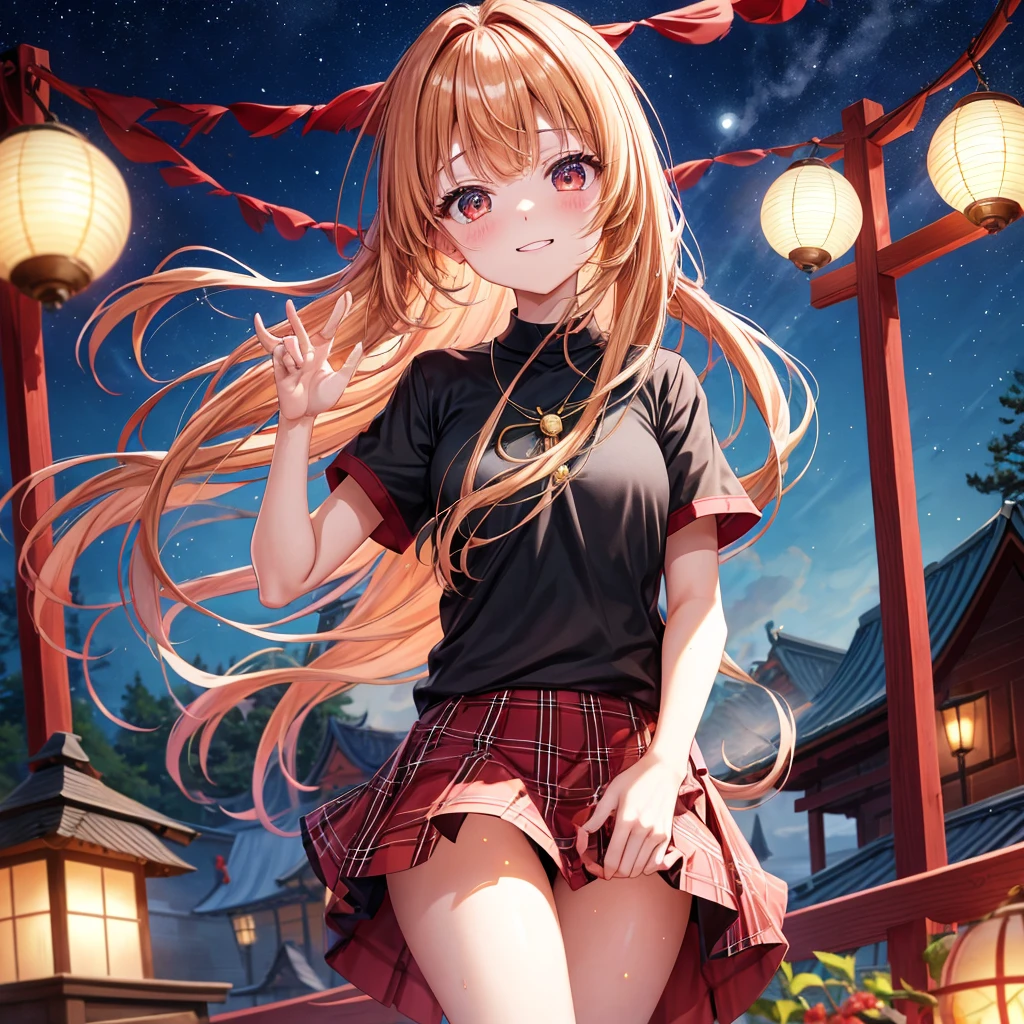 Red-blonde、poneyTail、verd s eyes、one good looking girl、独奏、animesque、lightly dressed、Plaid miniskirt、a black T-shirt、shrines、Water leads、are flying、fullmoon、Meteor swarm、Glittering starry sky、lantern