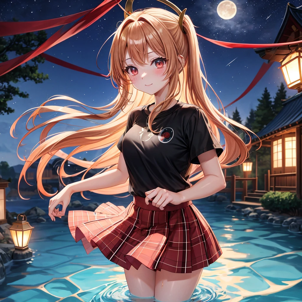 Red-blonde、poneyTail、verd s eyes、one good looking girl、独奏、animesque、lightly dressed、Plaid miniskirt、a black T-shirt、shrines、Water leads、are flying、fullmoon、Meteor swarm、Glittering starry sky、lantern