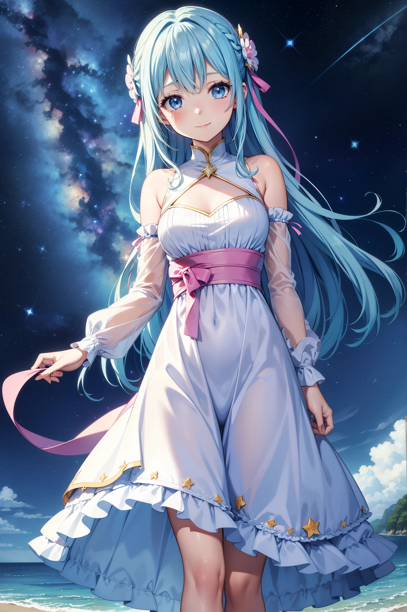 {{{masutepiece}}}, {{best qualtiy, An ultra-fine illustrations, beautifulanddelicatewater}}, {{very delicate light}}, {{Nature, Painting}}, {{Fine Lighting, More transparent stars, Very fine 8K PCG wallpaper}}, (plateau), Sunrise, randomly distributed clouds, cliff, ((Rotating starry sky)), Beautiful girl with long light blue hair with luminous particles、Twin-tailed、adorable smiling、facing front、White and pink costume
