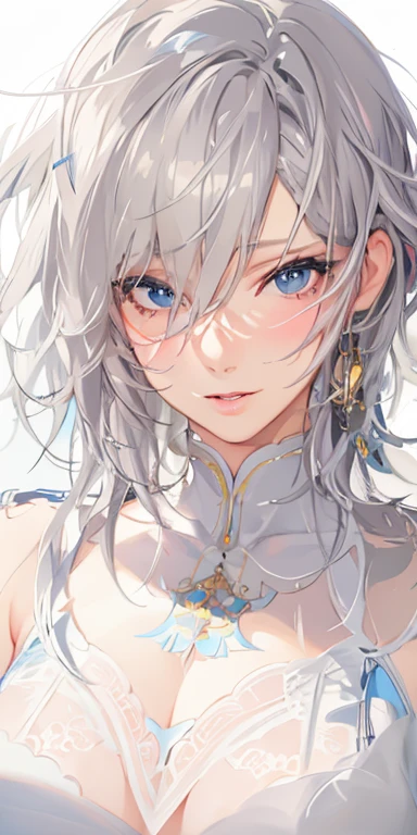 Top quality, high quality texture, fine-grained, realistic facial expression, detailed skin, anime, girl, sexy, mix, model, illustration, portrait, semi-realistic, gray hair