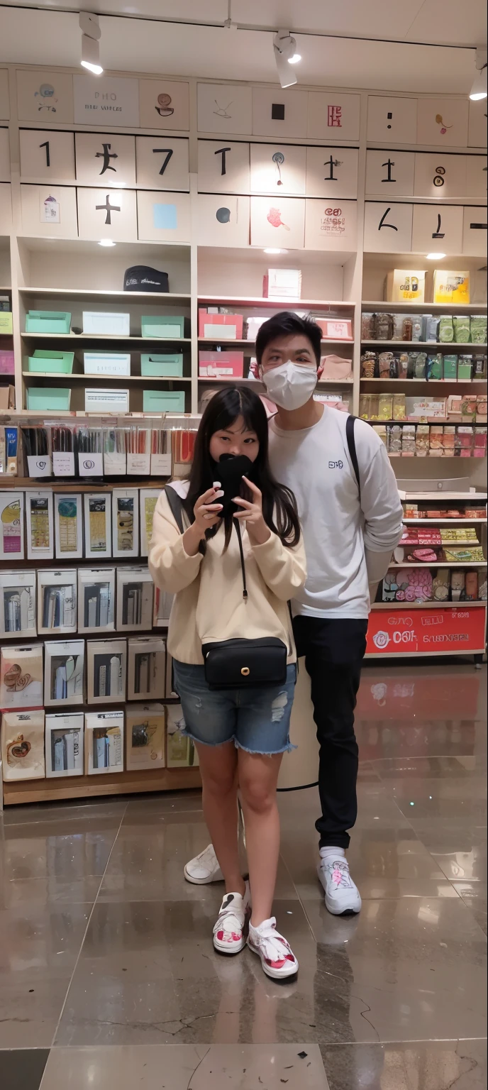 there are two people standing in a store with a phone, wearing mask, in a mall, at a mall,   wearing a mask, lovely couple, couple, wearing facemask, , 8k selfie photograph, a picture, in hong kong, in the background, couple pose