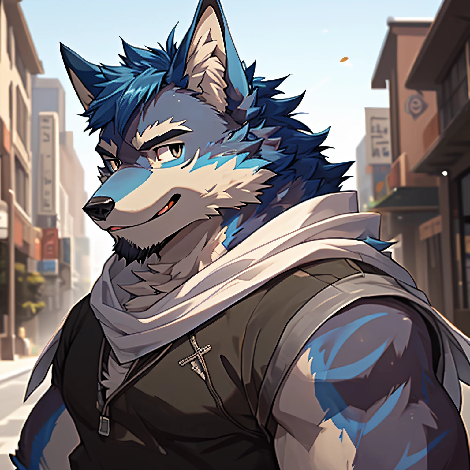 a scene from the movie, depth of fields, motionblur, Ridiculous Reest quality at best), (tmasterpiece), (ultra - detailed), Focus sharp, niji, The eye, 黑The eye, hairy pubic hair, Alone, (Blue fur:1.5), Close up face, personal profile picture, human character (aardwolf), male people, (aardwolf), youth, Muscular, short- sleeved, Super detailed face,(face camera 1.3),Hefty Smile,Downtown background